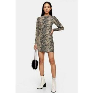 Topshop Womens Crinkle Snake Print Puff Long Sleeve Crew Neck Mini Dress Size 8